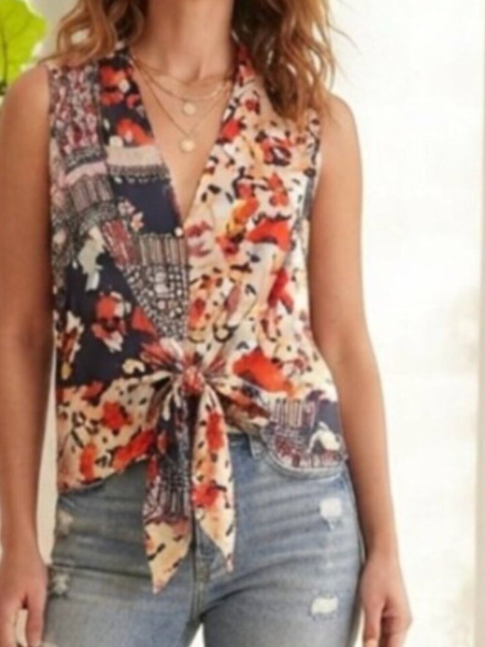 NIC+ZOE Petite Navy Multicolor Floral Tie-Front Camisole Size PM